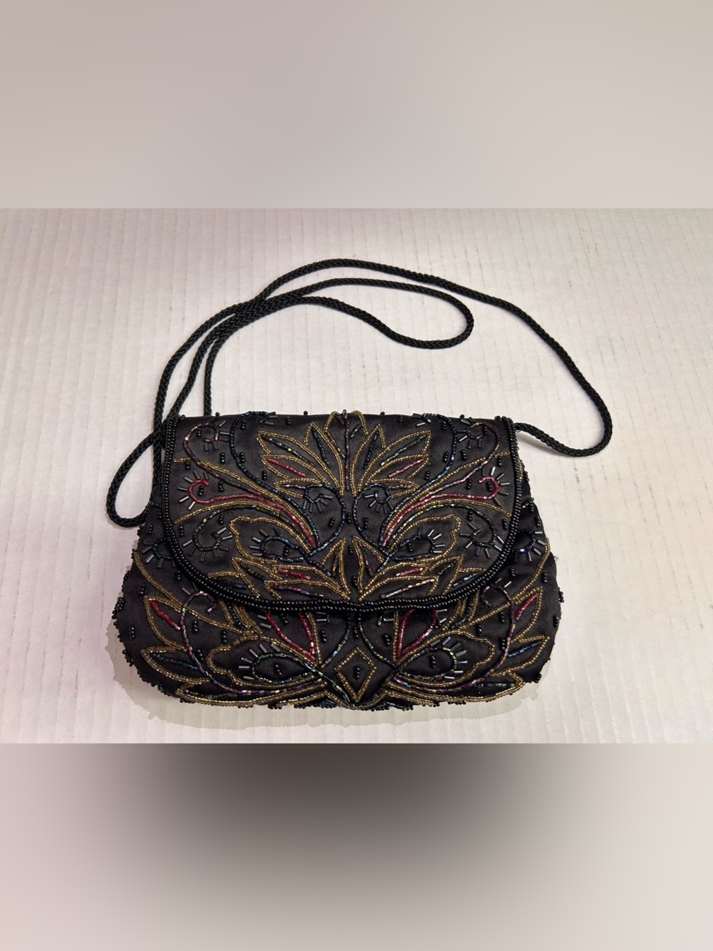 Vintage  Mervyn’s Black Beaded Embroidered Crossbody Bag with Gold & Red Accents